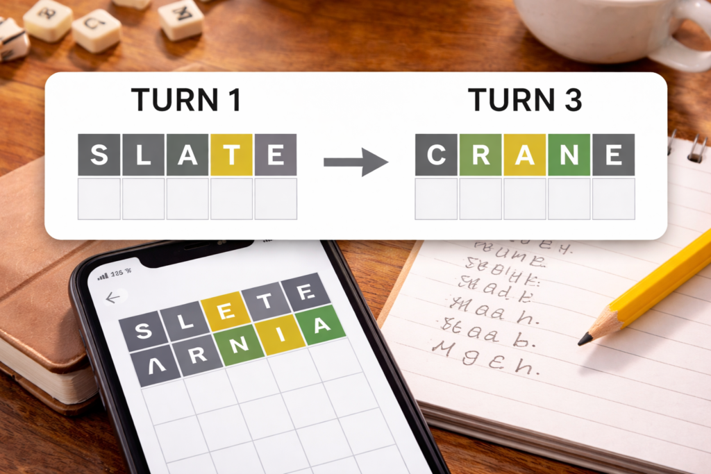 Wordle gameplay strategy example demonstrating how to rearrange the letters to find the correct word