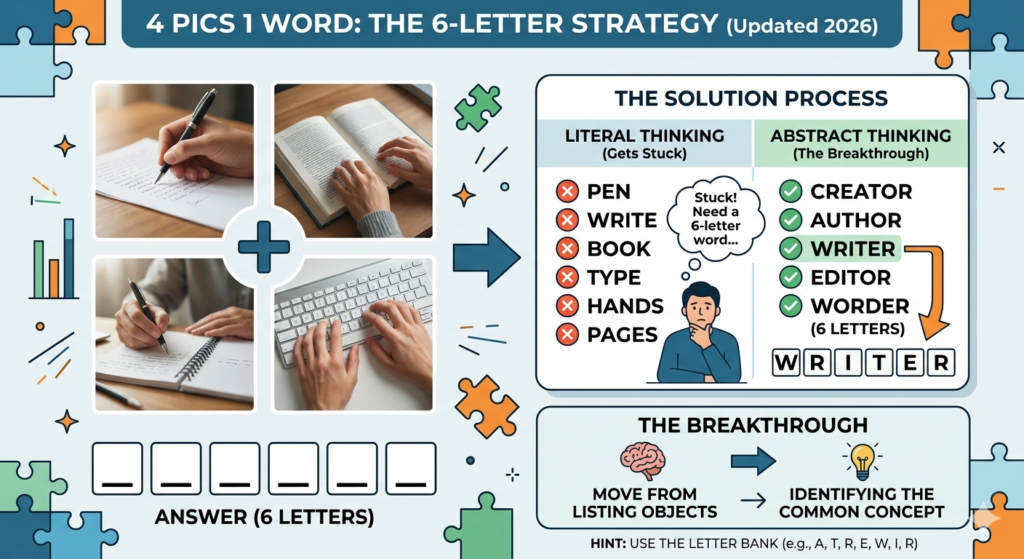 Infographic detailing the solution logic for a 4 Pics 1 Word 6-letter puzzle, illustrating the mental shift from literal descriptions to conceptual abstract thinking like SECURE or ROYAL.